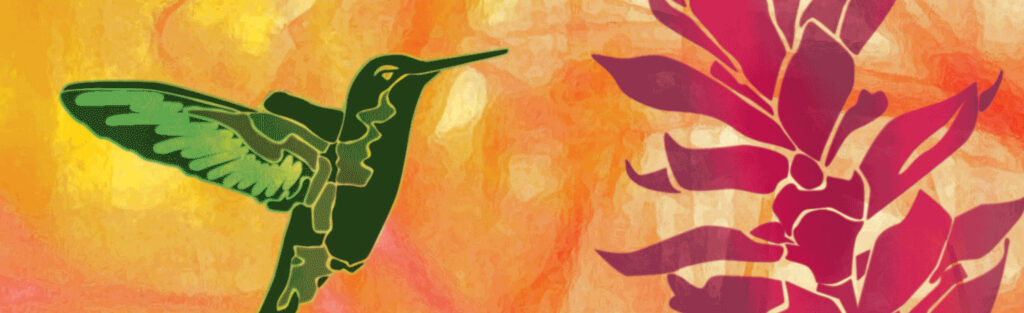 Brightly colored digital illustration of a green hummingbird poised next to a red ginger flower. The background is a vibrant mix of oranges and yellows.
