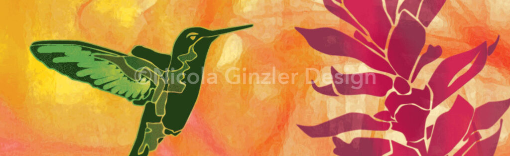 Brightly colored digital illustration of a green hummingbird poised next to a red ginger flower. The background is a vibrant mix of oranges and yellows.
