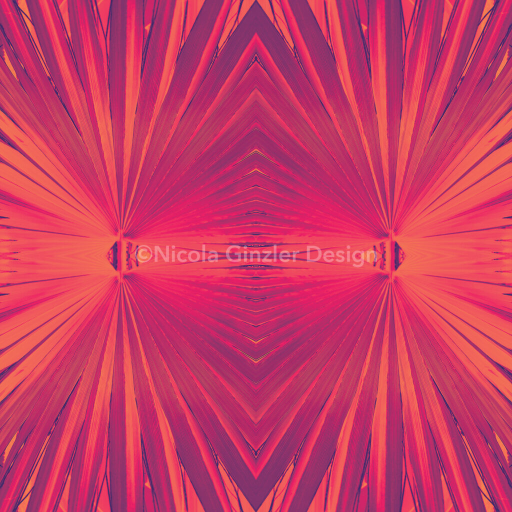 Photo of a pattern of repeating palm fronds, heavily color-manipulated so they're orange and magenta.