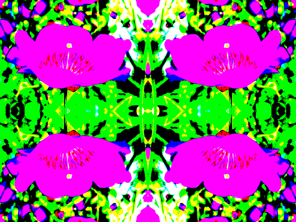 Repeating pattern of posterized image of bright pink flowers and greenery.