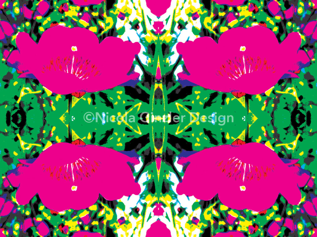 Repeating pattern of posterized image of bright pink flowers and greenery.