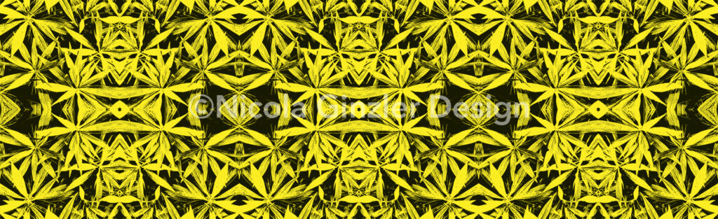 Horizontal rectangle. Repeating pattern of a high contrast photo of spiky leaves in black, with a vibrant yellow background.