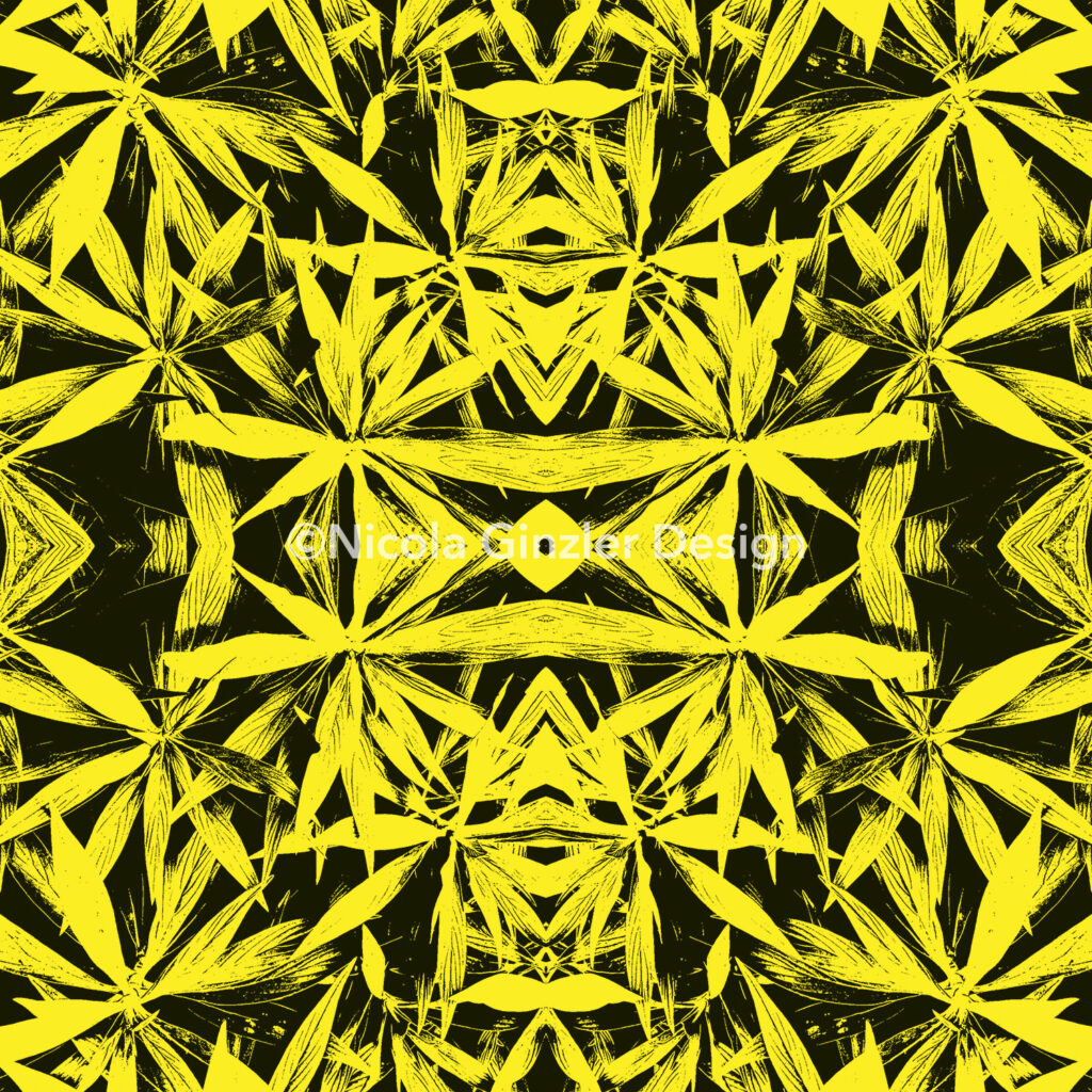 Repeating pattern of a high contrast photo of spiky leaves in black, with a vibrant yellow background.