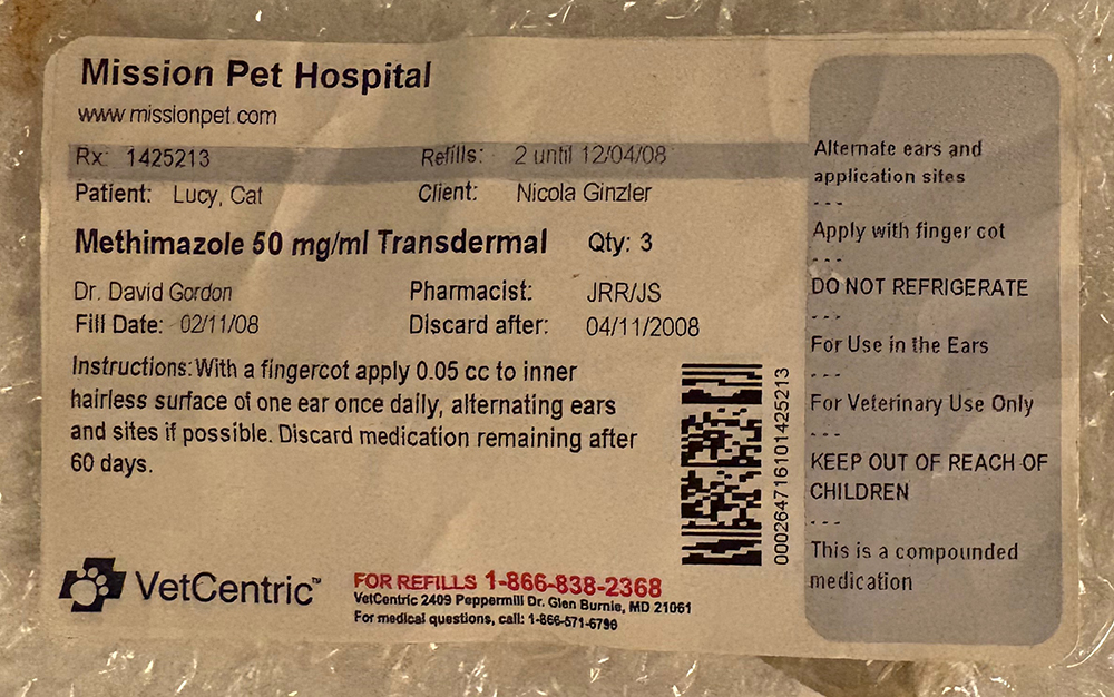 Photo of medication prescription label: Methimazole 50 mg/mL Transdermal