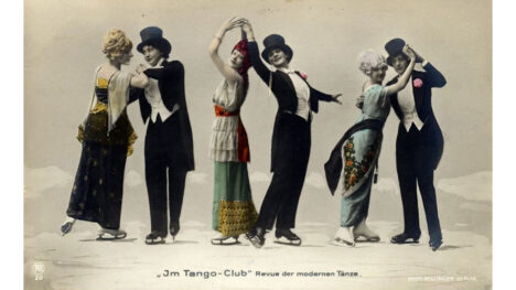 Colorized vintage black and white photo of three smiling butch/femme couples in elegant formal dress, wearing ice skates on a skating rink. They are in the midst of dancing the tango. Black text at center bottom: "JM Tango-Club - Revue der modernen Tänze."
