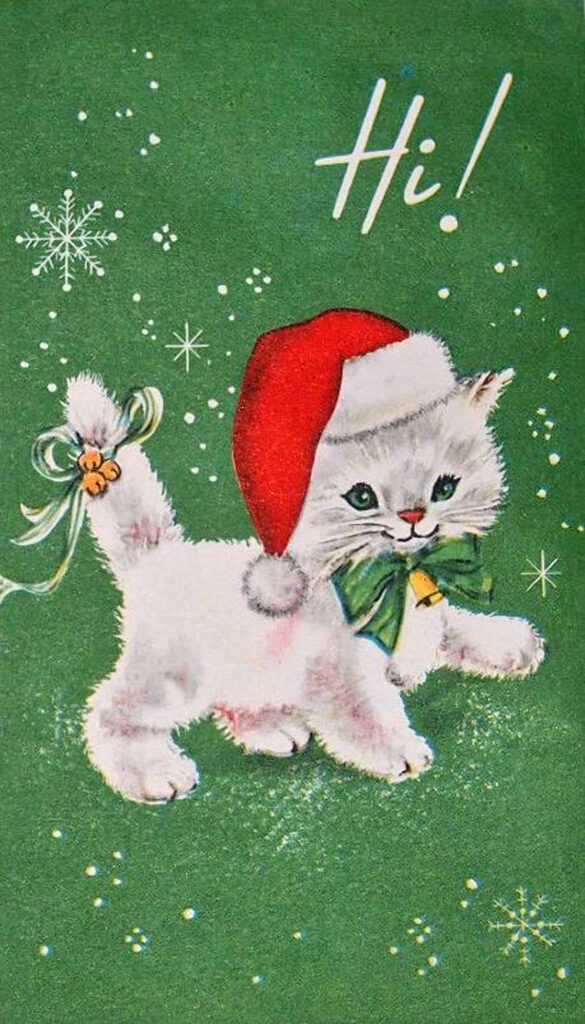 Vintage-style illustration of a smiling white kitten wearing a red Santa hat and a green bow, on a green background with stylized snowflakes.