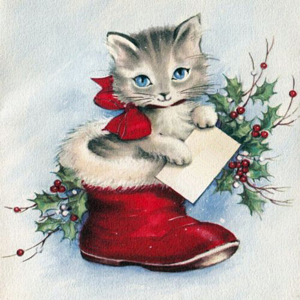 Square vintage-style illustration of a gray tabby kitten, sitting in a red Santa boot. Behind the kitten is holiday greenery. The kitten has a larger, smiling mouth and blue eyes, and is holding a blank card.