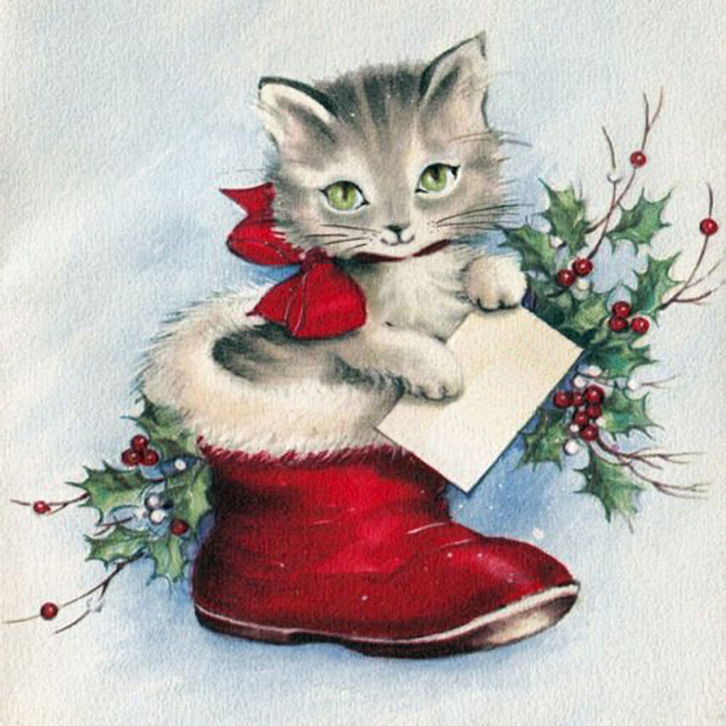 Square vintage-style illustration of a gray tabby kitten, sitting in a red Santa boot. Behind the kitten is holiday greenery. The kitten has a larger, smiling mouth and green eyes, and is holding a blank card.