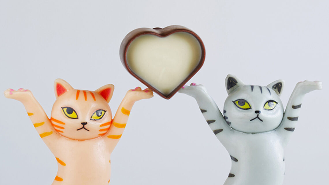 Cropped photo of toy kittens carrying a heart-shaped candy made of black and white chocolate. Pale blue background.