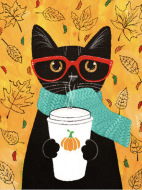 Illustrated poster in vertical format. Messy yellow-orange background with light brown, red and green leaf design. Centered is a fanciful illustration of the torso and head of a standing black cat with oversized red glasses and a light green scarf, blowing in the wind. The cat is holding a lidded white coffee cup with both front paws. There's a drawing of an orange pumpkin with a green leaf on the cup.