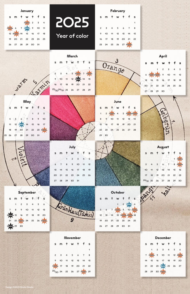 2025 calendar: color wheel in background with 12 translucent white month squares arranged in staggered grid. Text of months and days is in black.